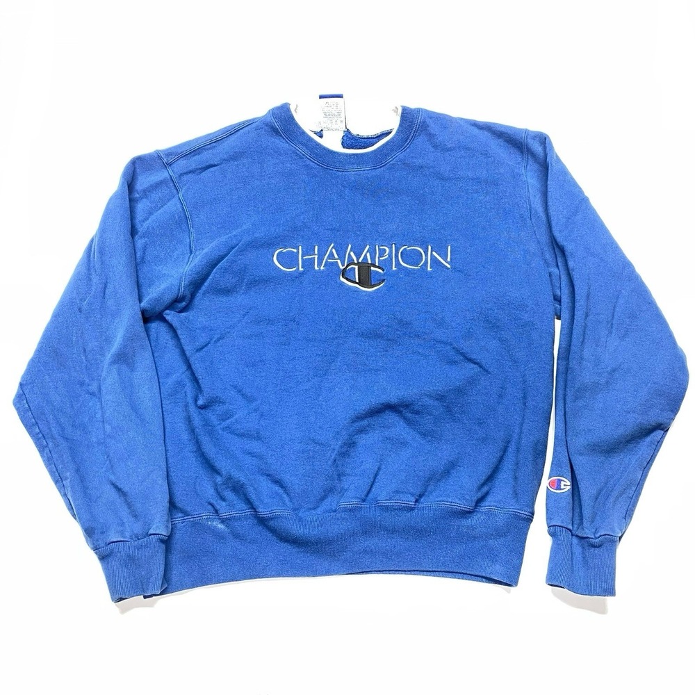 Vintage 90s Champion Sweater Mens Large L Blue Spell Out Embroidered Logo READ